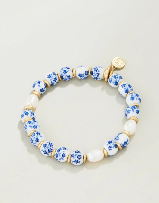Blue Flowers Ceramic Bead Stretch Bracelet