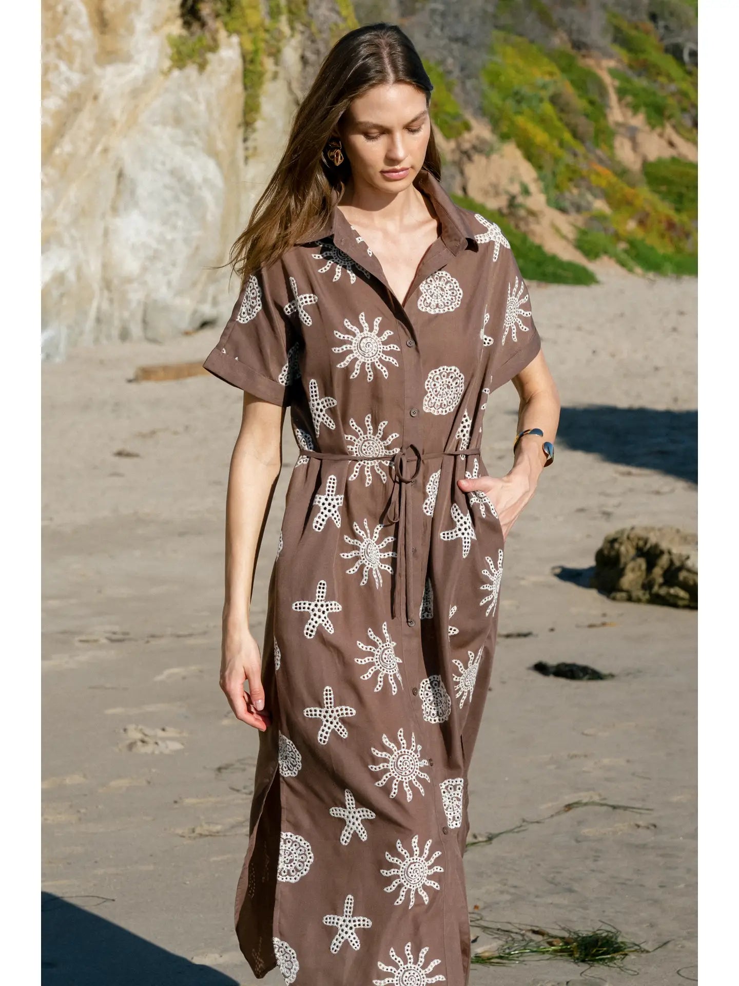 Seascape Embroidered Button Down Maxi Dress