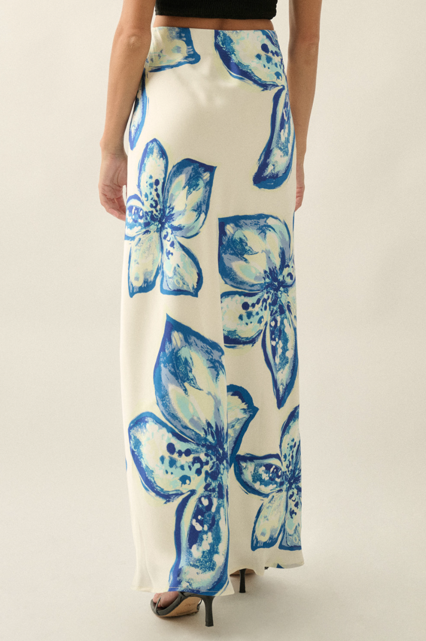 Floral Satin Bias-Cut Maxi Skirt