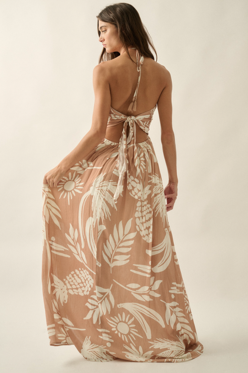 Tropical Crepe Halter Maxi Dress