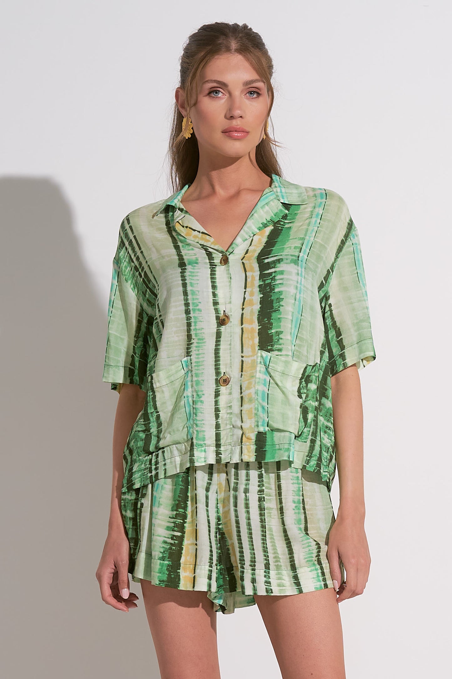 Green Antigua Button Front Top
