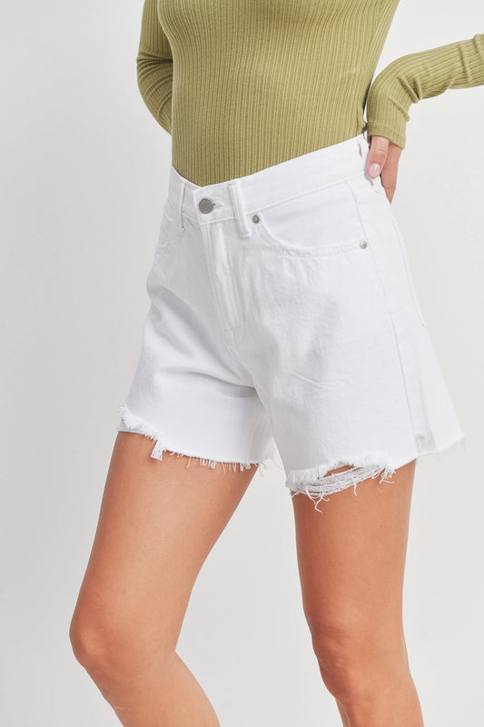 High Rise Distress Boyfriend Short - White