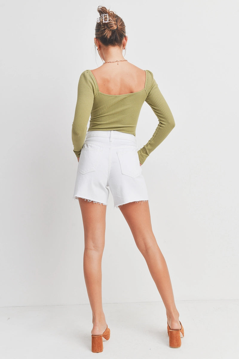 High Rise Distress Boyfriend Short - White