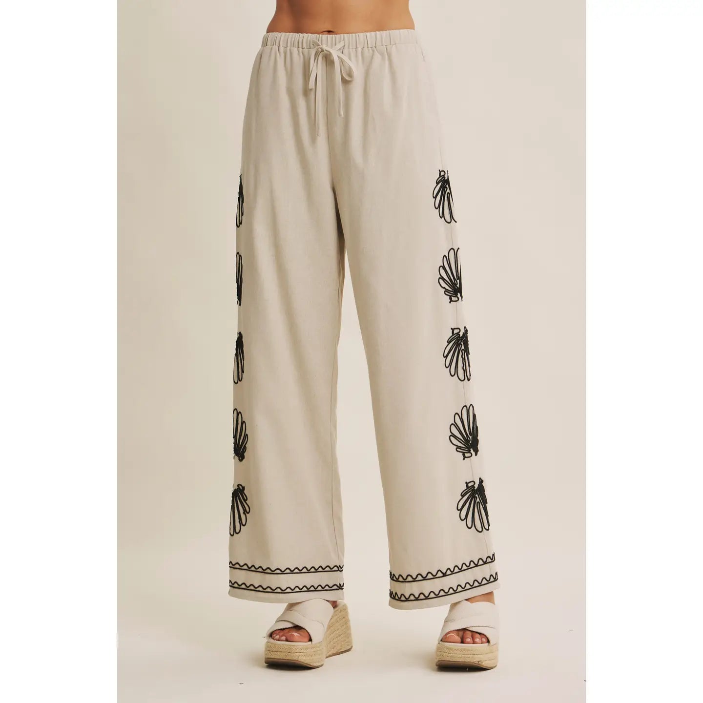 Coastal Seashell Embroidered Pants