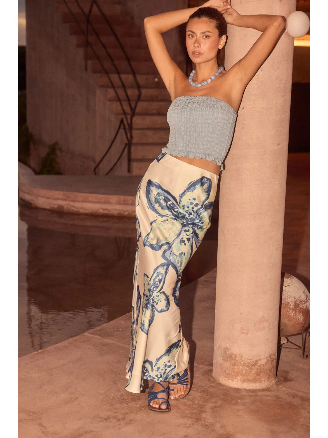 Floral Satin Bias-Cut Maxi Skirt
