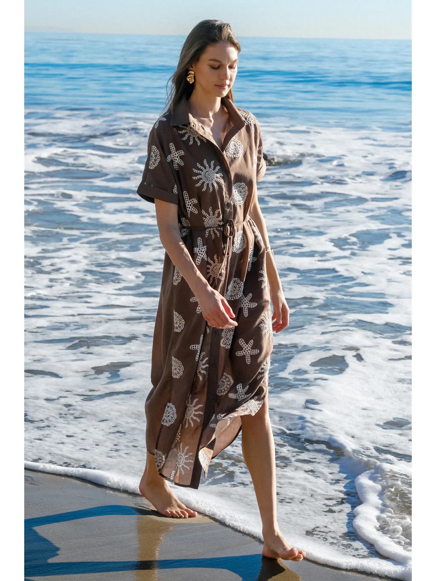 Seascape Embroidered Button Down Maxi Dress