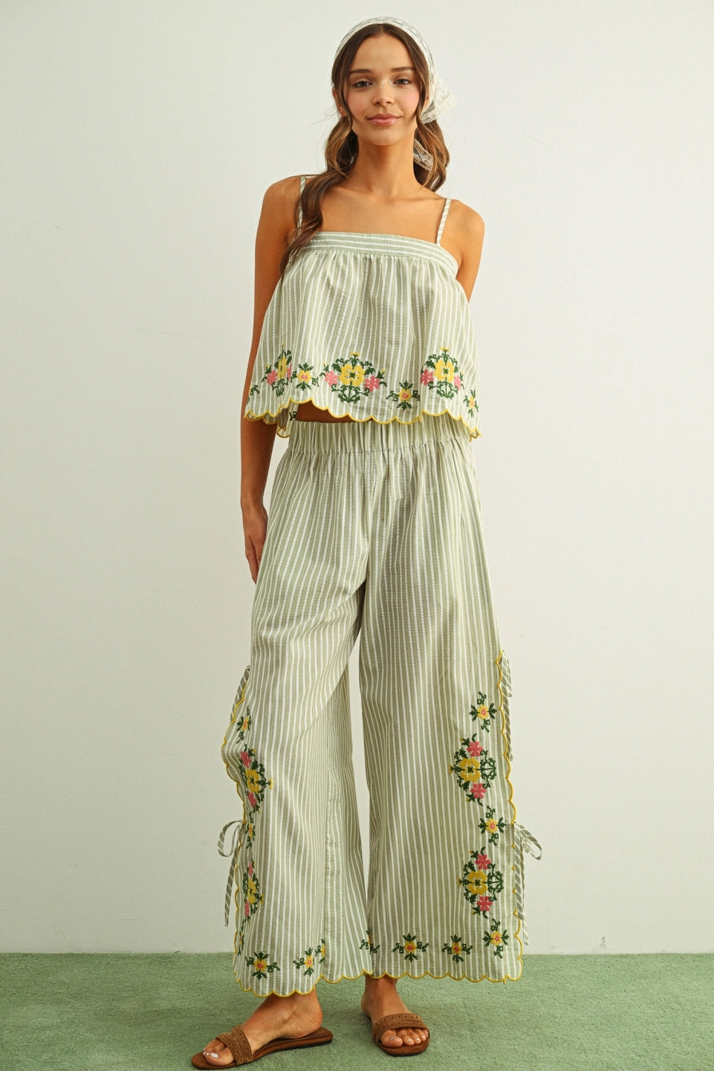 Doily Embroidered Stripe Pants
