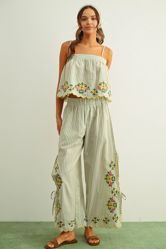 Doily Embroidered Stripe Pants