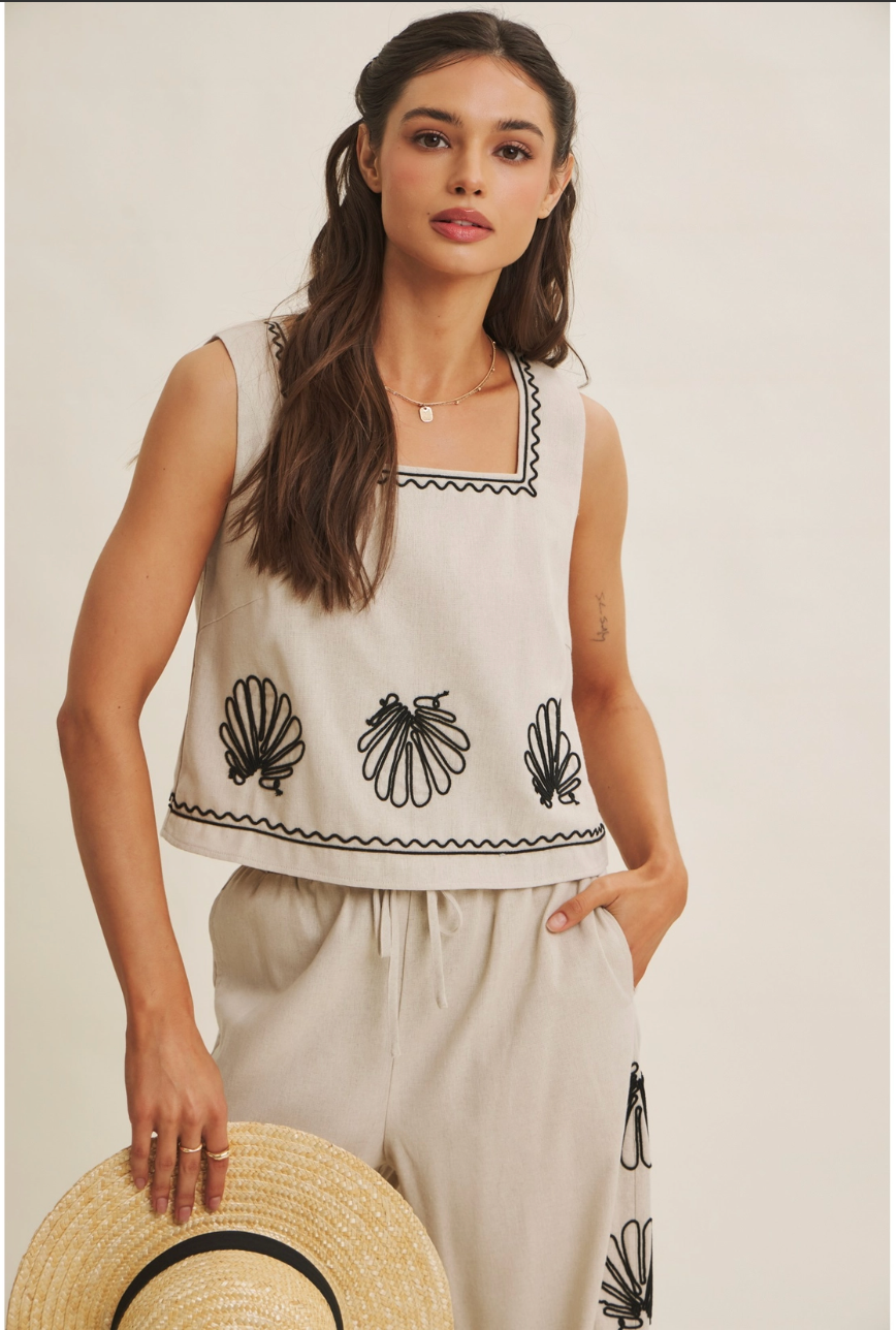 Coastal Seashell Embroidered Top