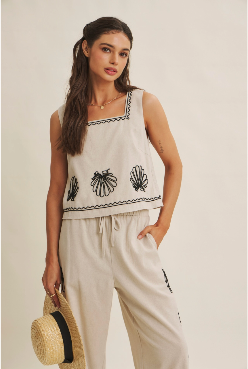 Coastal Seashell Embroidered Top