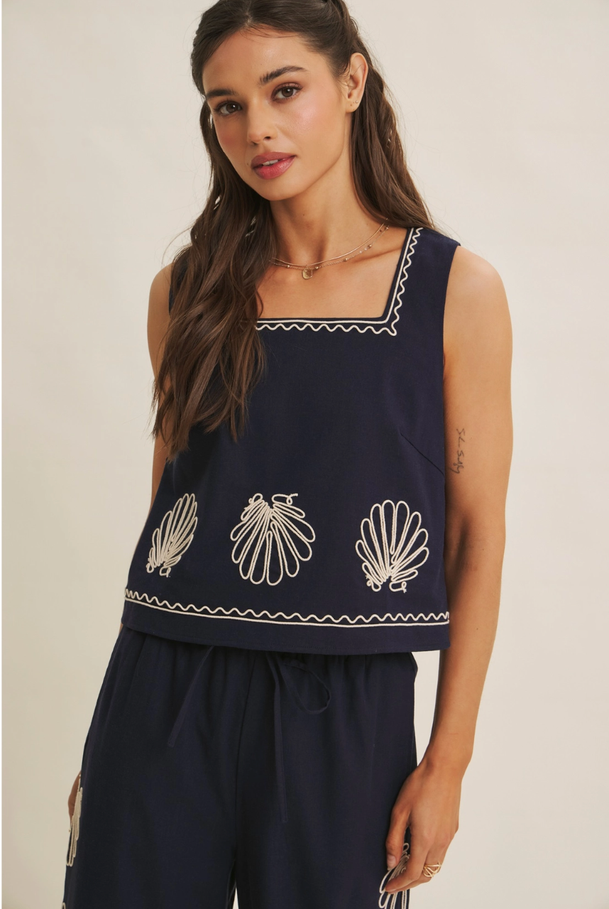 Coastal Seashell Embroidered Top