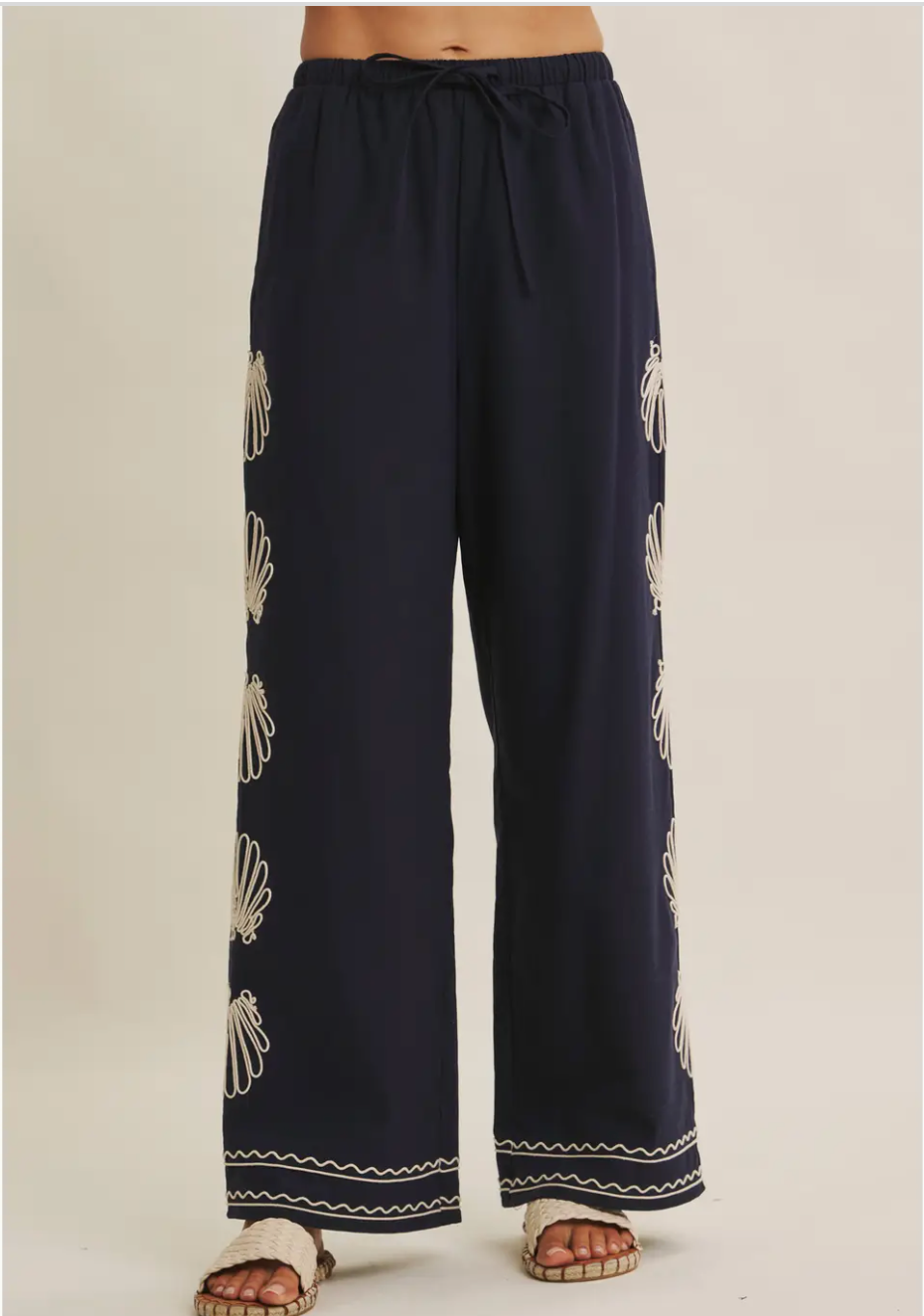 Coastal Seashell Embroidered Pants
