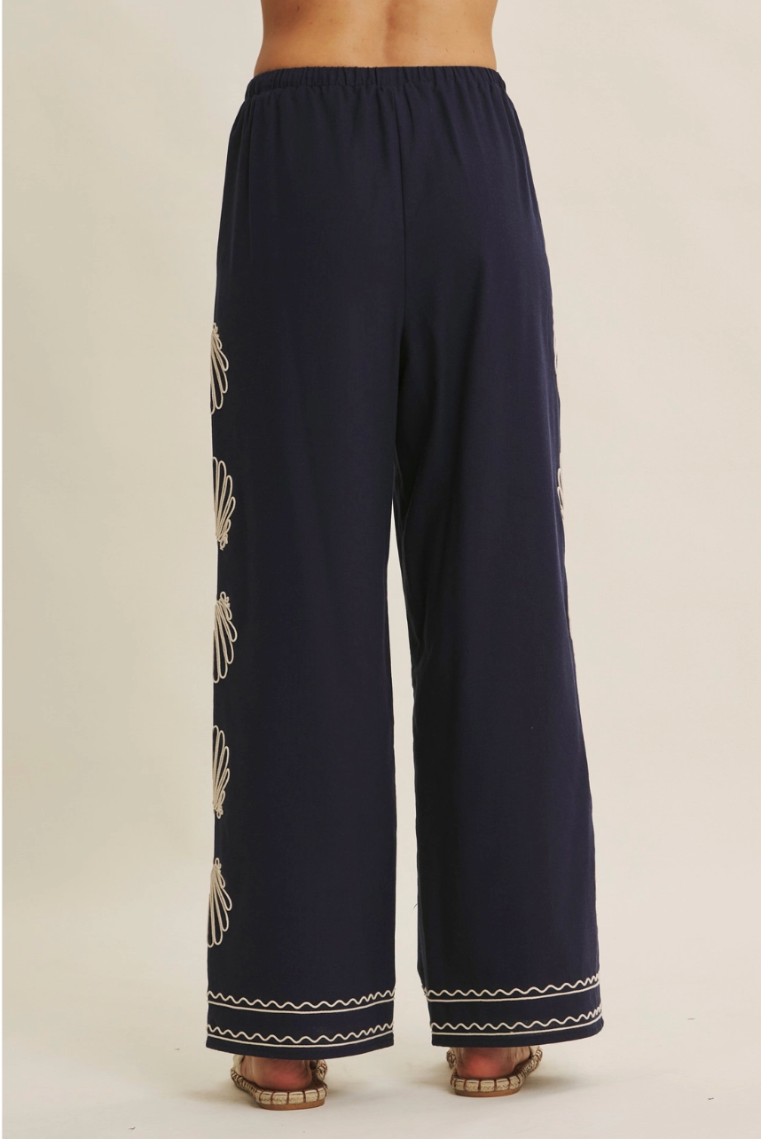 Coastal Seashell Embroidered Pants