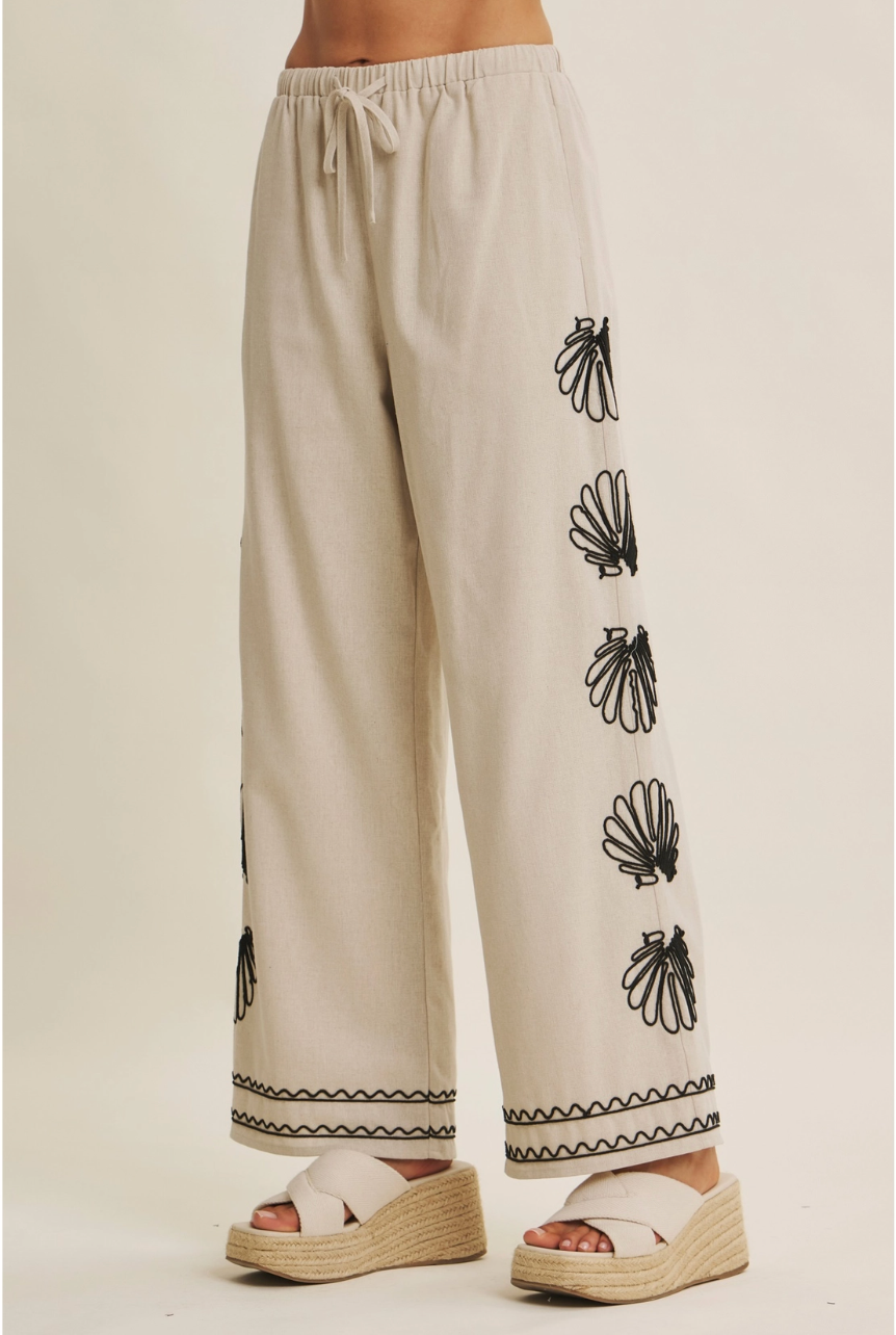 Coastal Seashell Embroidered Pants