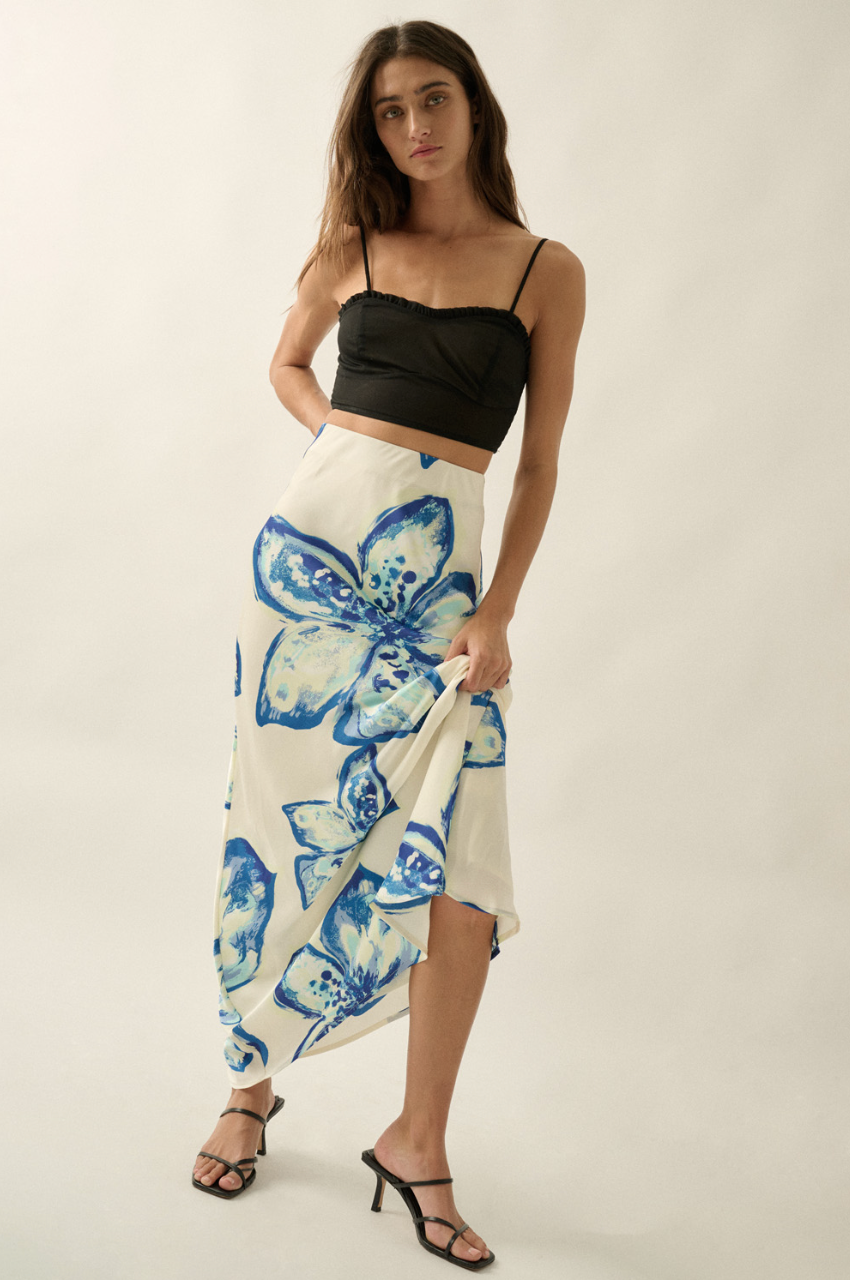 Floral Satin Bias-Cut Maxi Skirt