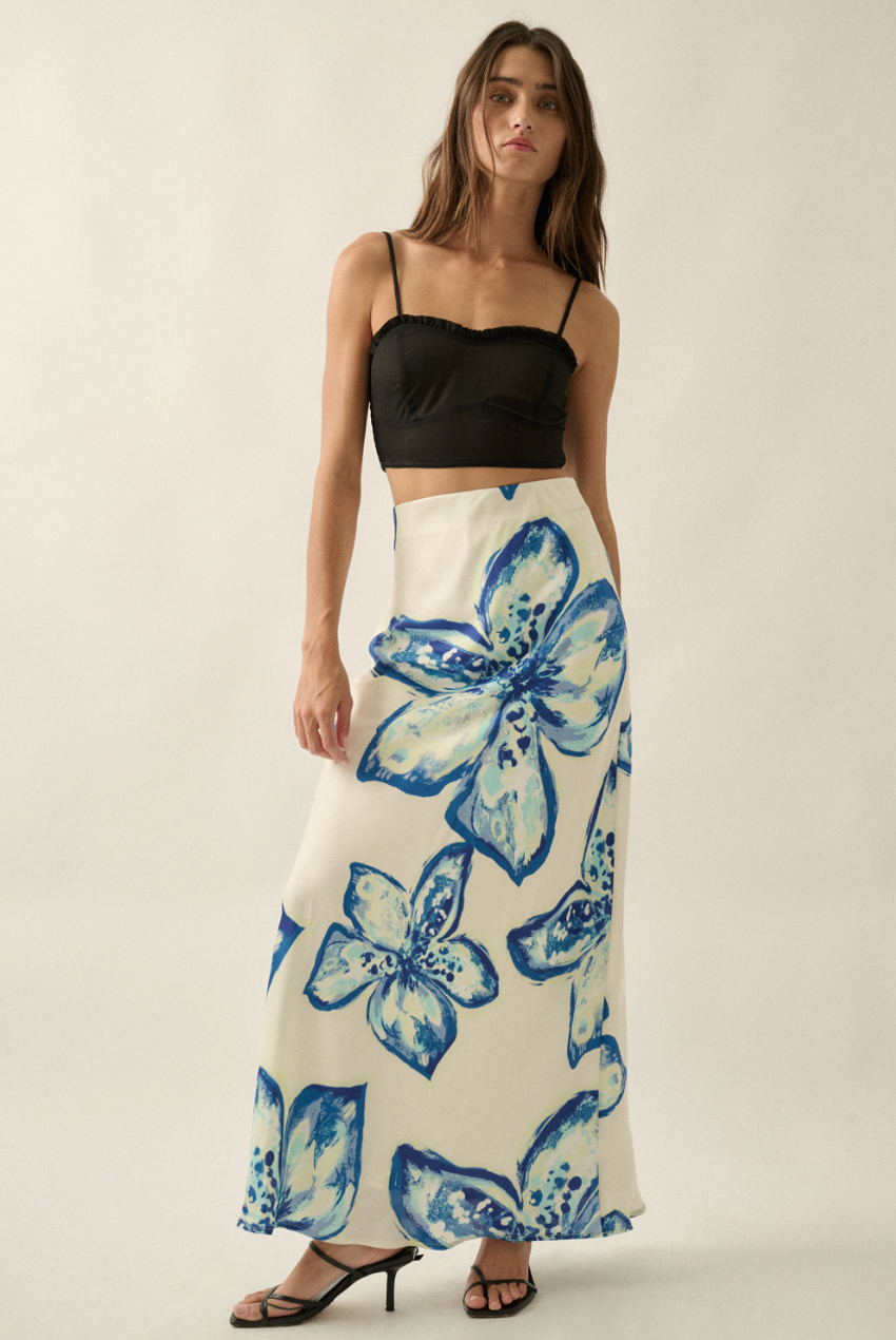 Floral Satin Bias-Cut Maxi Skirt