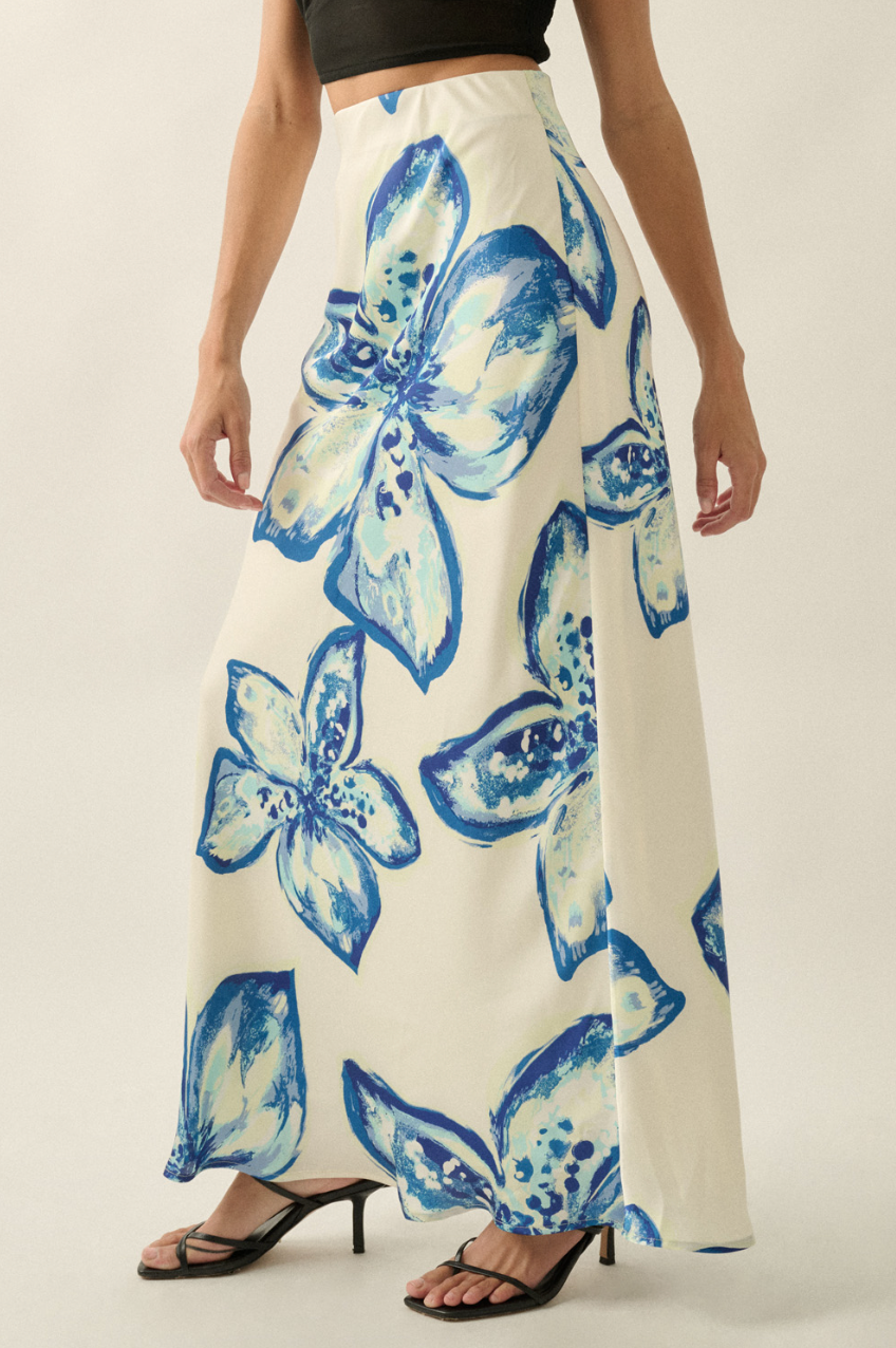 Floral Satin Bias-Cut Maxi Skirt