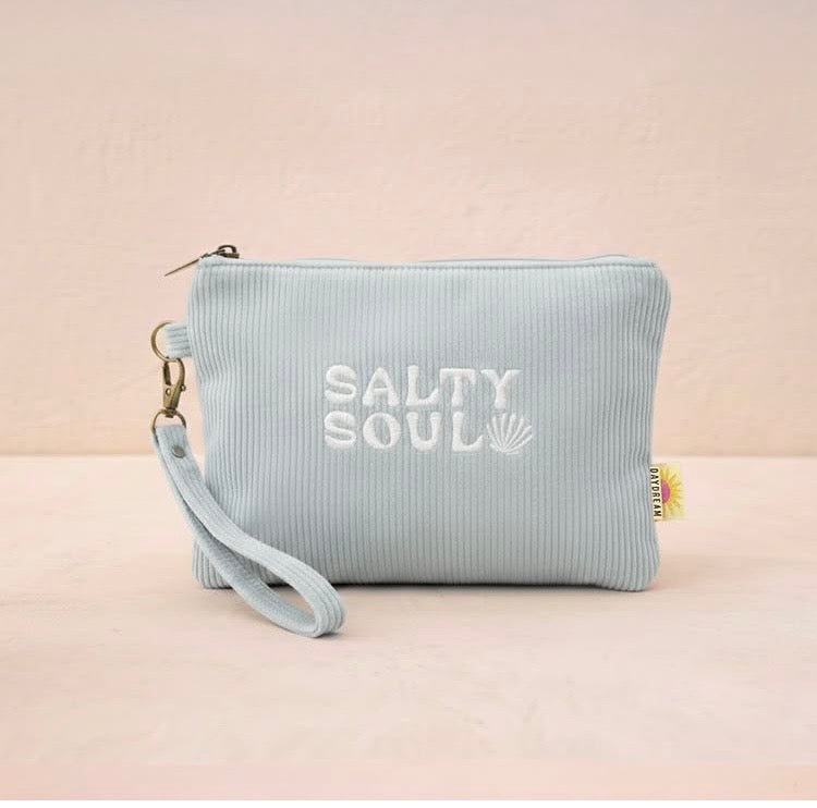 Embroidered corduroy pouch wristlet