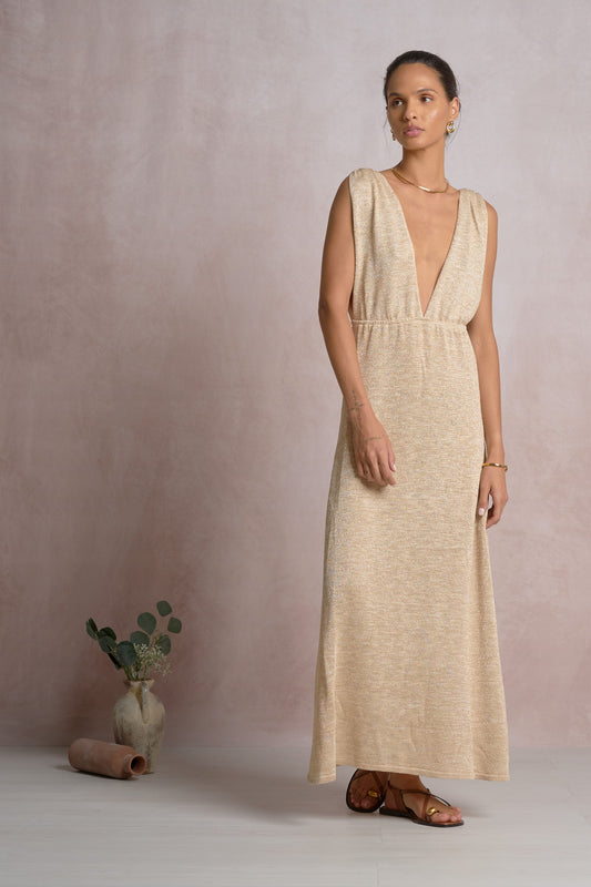 Gold Shimmer Plunging Maxi Dress