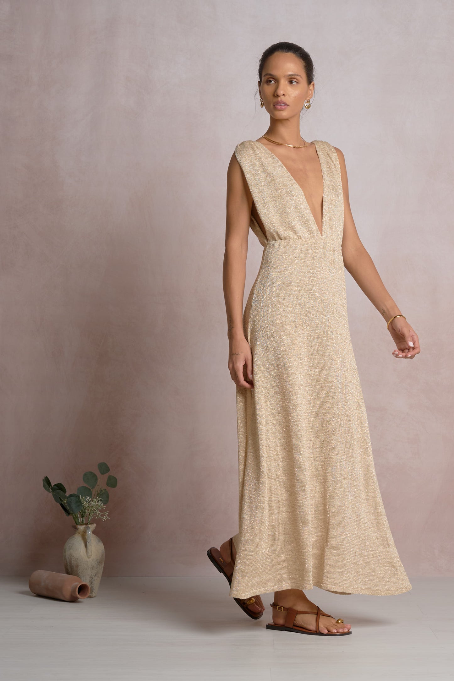 Gold Shimmer Plunging Maxi Dress