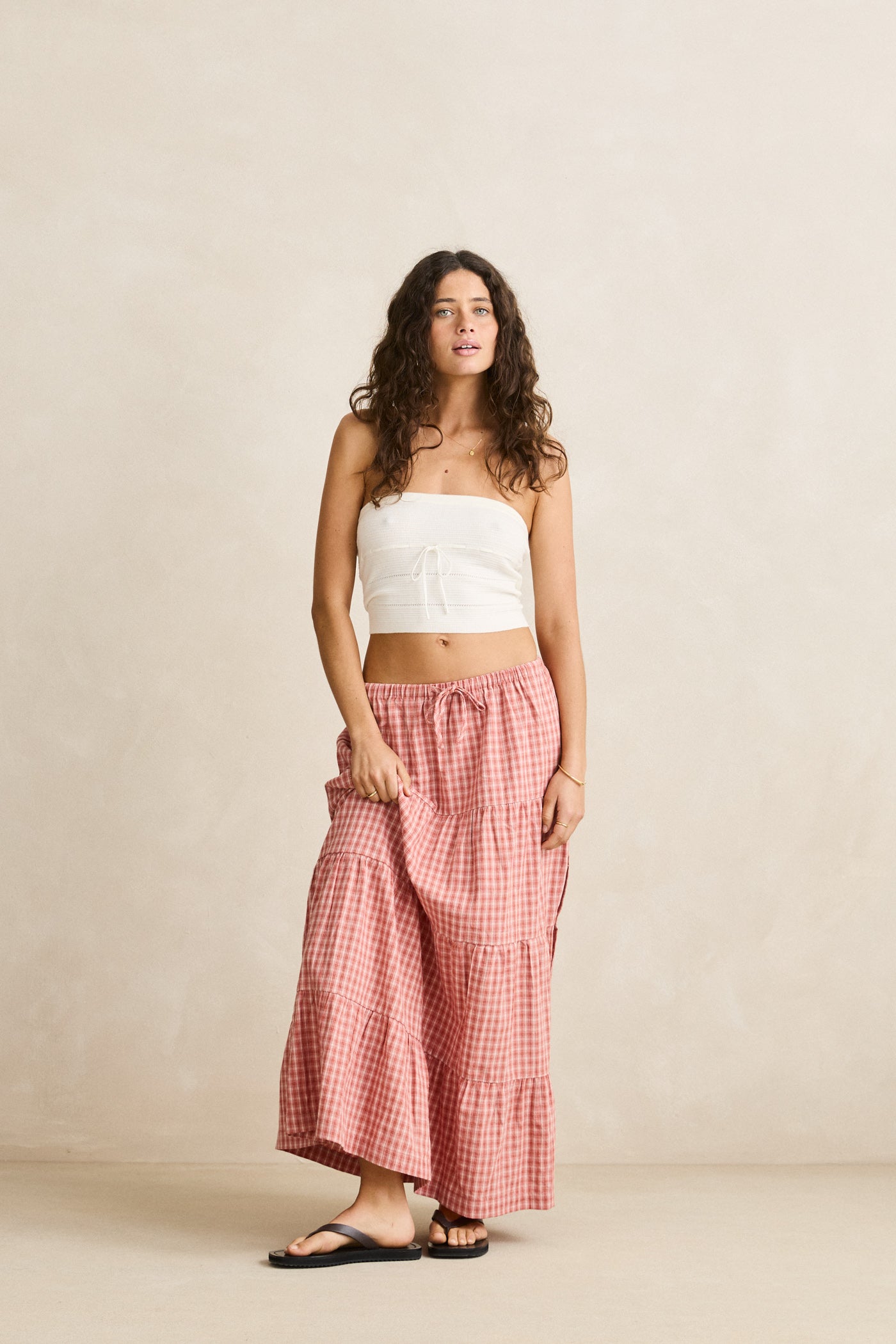 Kirra Check Tiered Maxi Skirt