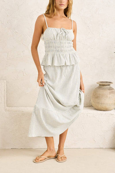 Driftwood Stripe Ruffle Midi Skirt