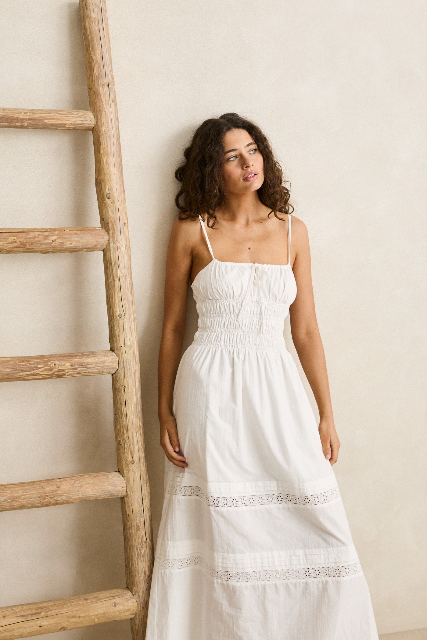 Broderie Lace Gathered Midi Dress