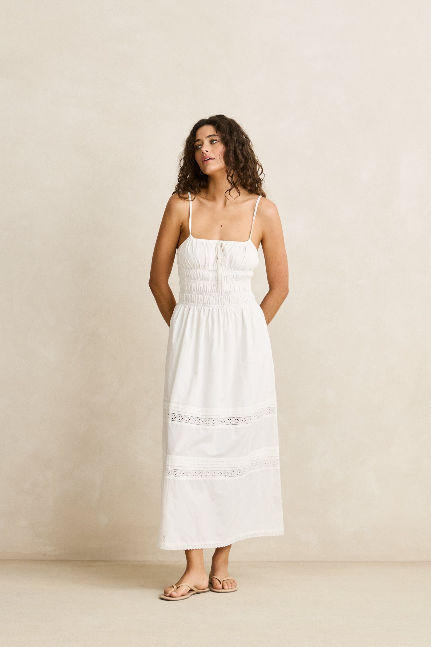 Broderie Lace Gathered Midi Dress